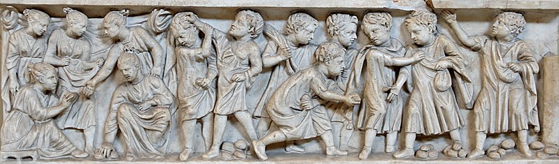 children playing roman nuts game panel from a sarcophagus