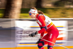 cross-country skiier at speed