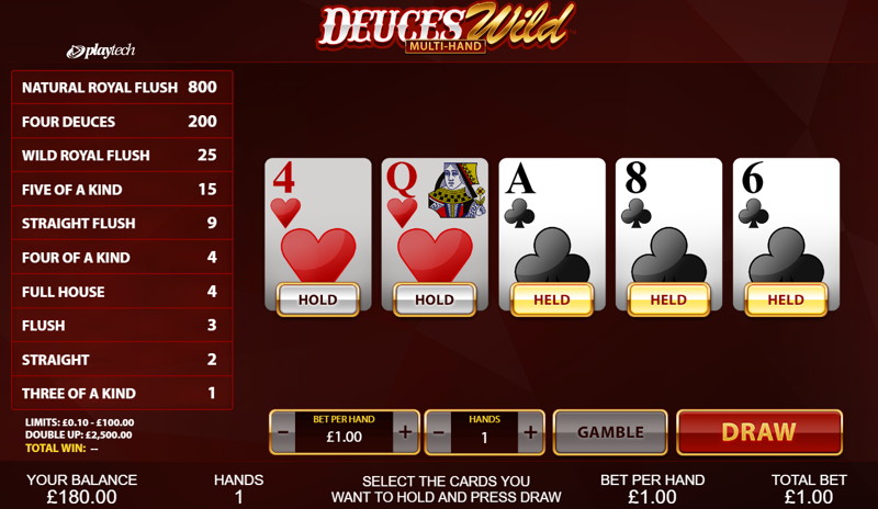 deuces wild video poker showing held cards