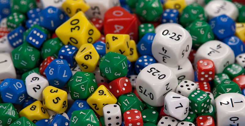 different types of dice showing probabilities and numbers as fractions decimal and percentage