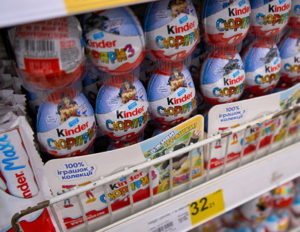kinder eggs on supermarket shelf