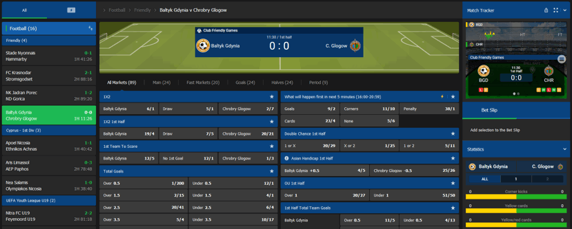 live betting screenshot of complete panel for a football game