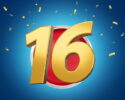 number 16 gold on rounded red icon with confetti falling